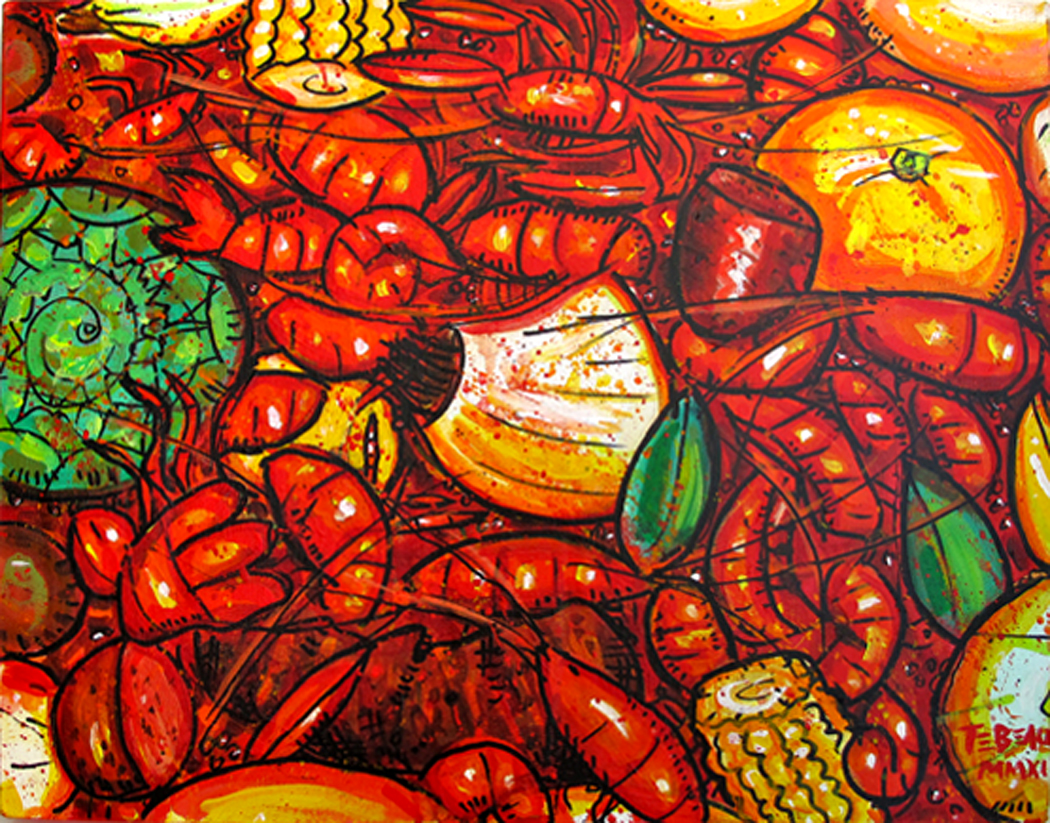 If you go to New Orleans during crawfish season, take of local tradition and eat some boiled crawfish -- they're a lot of work for not much meat, so I tend to focus on the corn and potatoes, which soak up all the spices in the boiling water.This painting is by my husband, John Tebeau.