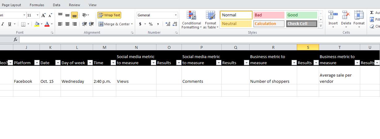 This is an Excel template I built to plan and measure social media results. Note that it tracks both social media results such as YouTube video views and comments as well as business results like number of customers and sales.