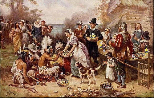 This is how I was taught Thanksgiving began, with pilgrims and Native Americans sharing a harvest feast.