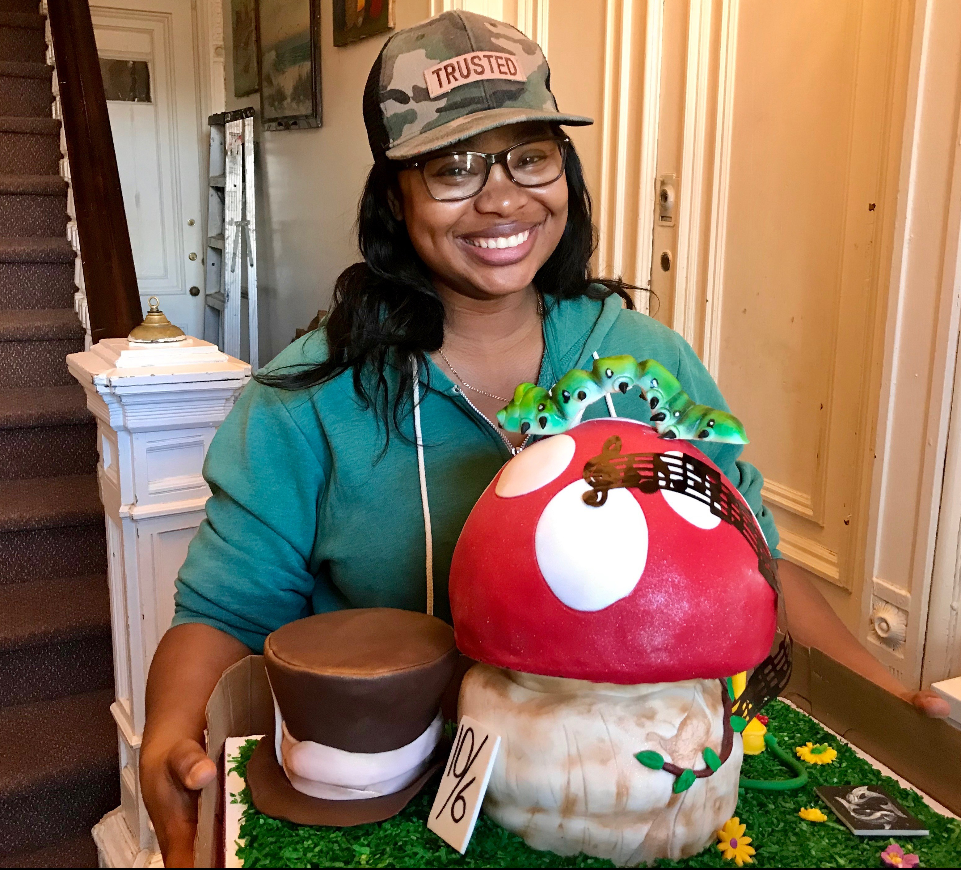 Stacy with Alice in Wonderland birthday cake 2019