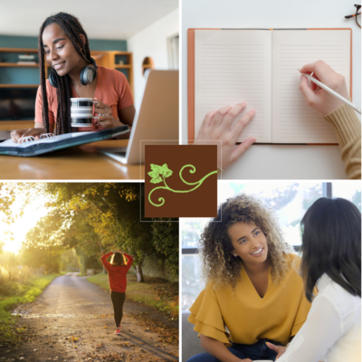 Images of a woman using her laptop and reading from a notebook; someone writing in a notebook; someone walking alone in the woods; two women talking